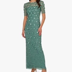Adrianna Papell Women's Beaded Long 3D Floral Gown Green Slate